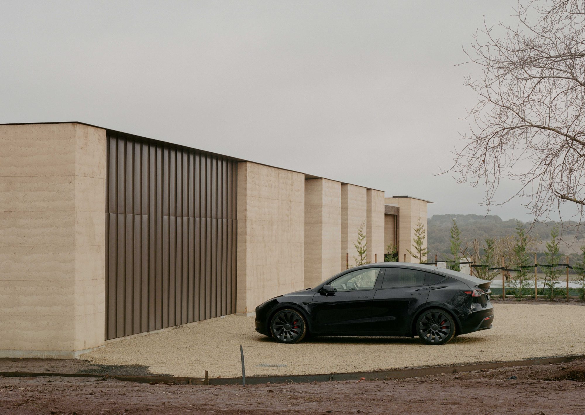 Rammed-earth facade in open country